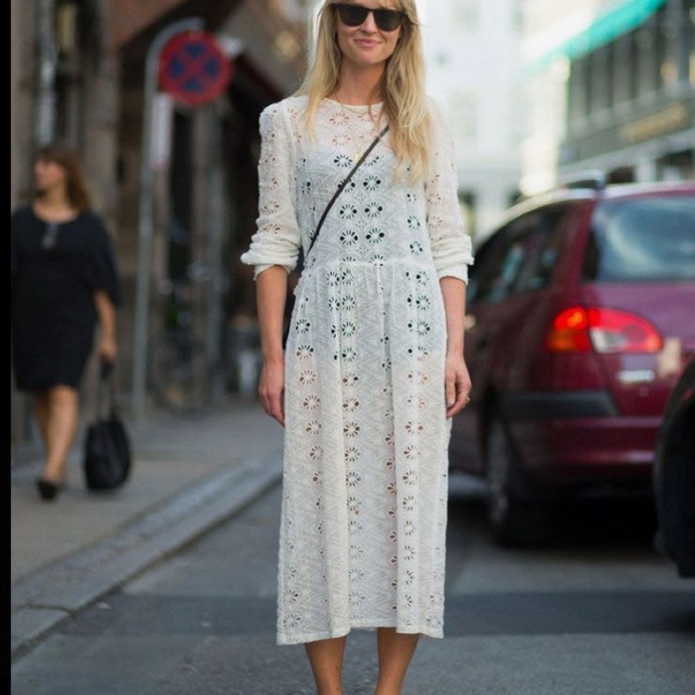 Zara Crochet lace eyelet Long sleeve Midi dress